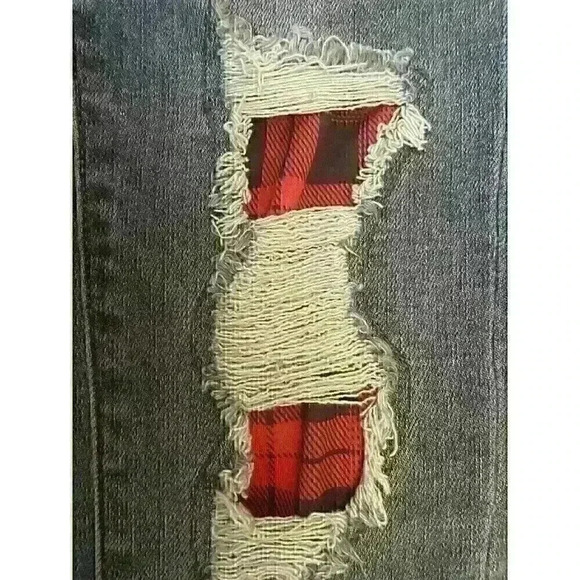 Judy Blue Skinny Fit Stretch Jeans Womens Sz 7/28 Distressed Red Flannel Plaid - Picture 5 of 7